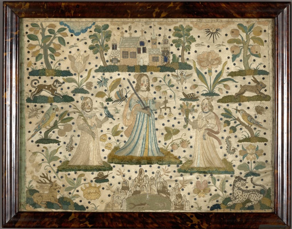 Photo of needlework picture depicting Peace Justice and Plenty by Unknown Artist(s), c. 17thC England