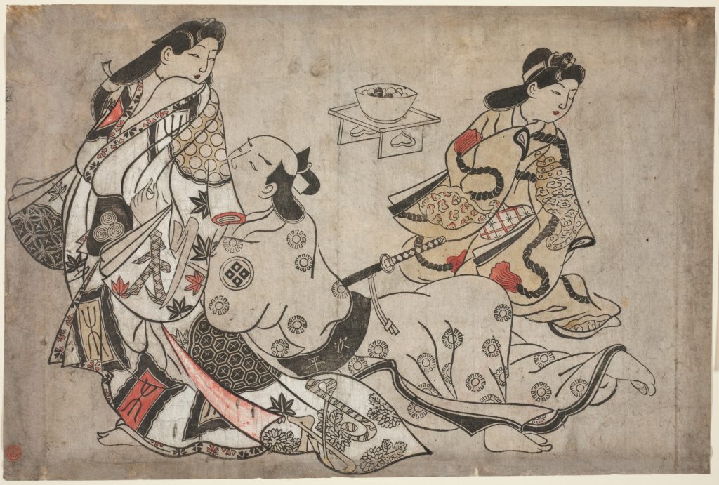 Photo of woodblock print "The Insistent Lover" by Sugimura Jihei, c. late 17thC