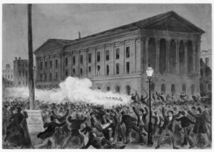 Print of Astor Place Riot, May 10, 1849 watercolor over graphite by Charles M. Jenckes, c. 1896